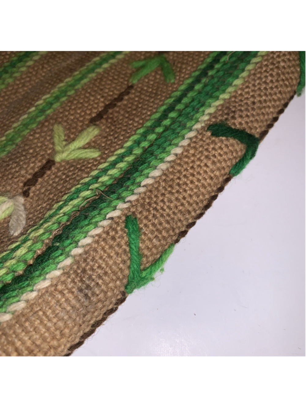 Vtg Boho Burlap Tote Elbow Bag Purse Yarn Hand-Embroidered 1960 70's Green Retro - Picture 14 of 14